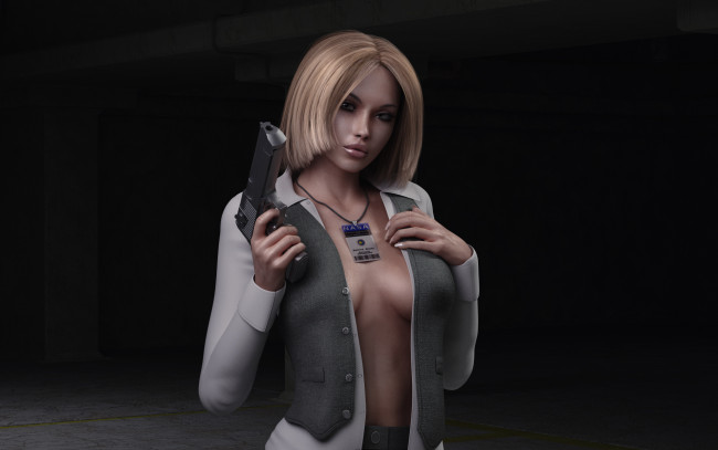 Обои картинки фото 3д, графика, military, девушка, грудь, пропуск, nasa, пистолет, оружие