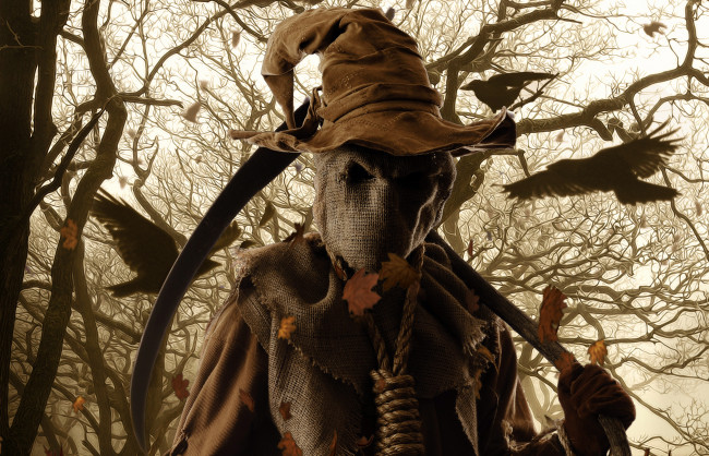 Обои картинки фото разное, компьютерный, дизайн, коса, деревья, мешковина, лес, креатив, страшила, шляпа, петля, вороны