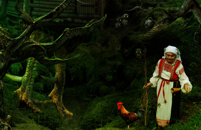 Обои картинки фото разное, компьютерный, дизайн, посох, избушка, петух, черепа, баба, яга