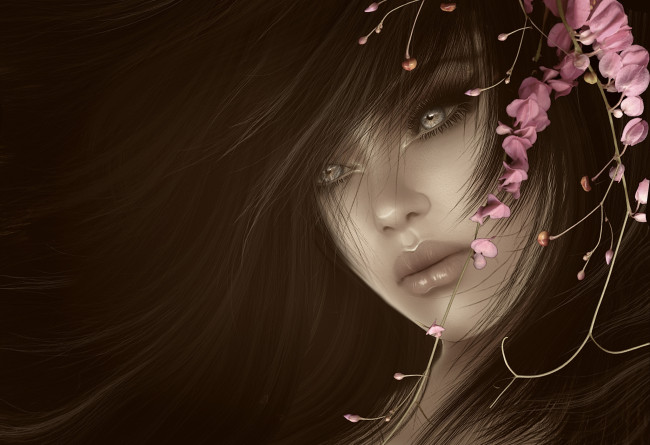 Обои картинки фото 3д, графика, portraits, портрет, цветы, лицо