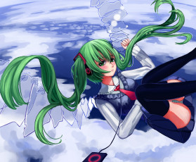 Картинка vocaloid аниме форма облака волосы крылья провод плеер наушники небо hatsune miku девушка вокалоид hoshimawa арт