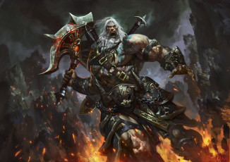 Картинка видео+игры diablo+iii +reaper+of+souls небо тучи топор огонь мужик искры скалы