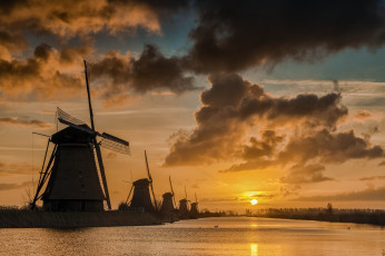 Картинка разное мельницы река утро свет облака