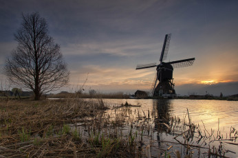 Картинка разное мельницы закат река мельница вечер