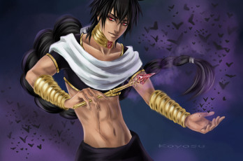 Картинка аниме magi+the+labyrinth+of+magic красные глаза бабочки браслеты золото коса брюнет парень