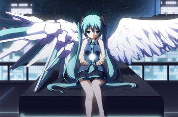 Картинка vocaloid аниме небо вокалоид крылья девушка форма школьница ангел hatsune miku ночь арт yuzuki kei звезды город