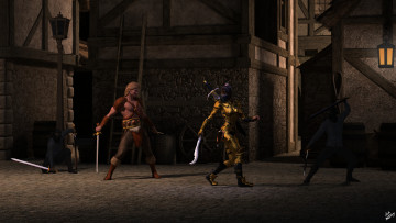 Картинка 3д+графика fantasy+ фантазия существа воин улица мечи драка