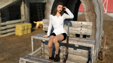 Картинка 3д+графика people+ люди девушка взгляд скамейка оружие