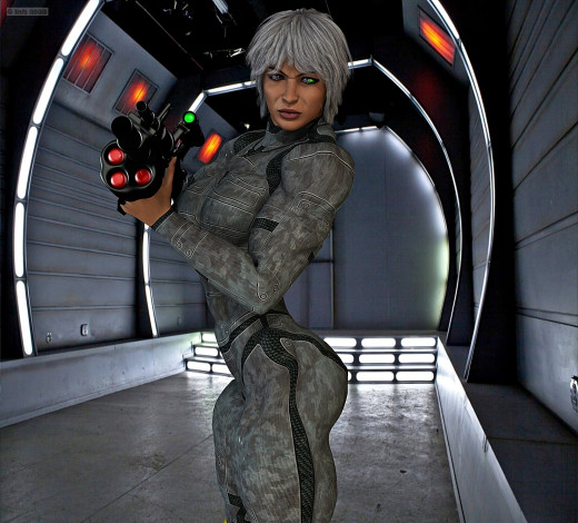 Обои картинки фото 3д графика, fantasy , фантазия, коридор, оружие, девушка