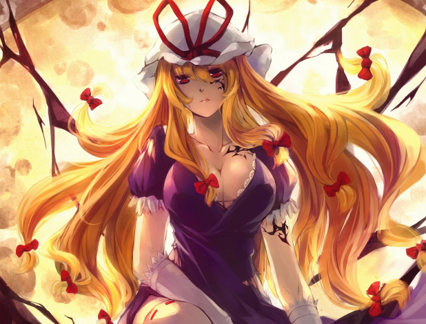 Обои картинки фото аниме, touhou, грудь, yakumo, yukari, девушка, kalalasan, art, декольте, взгляд