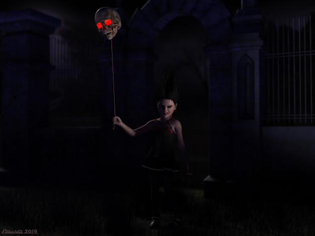 Обои картинки фото 3д графика, horror , ужас, череп, девушка