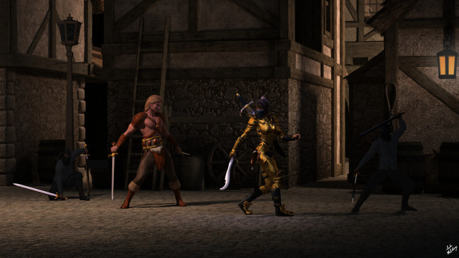 Обои картинки фото 3д графика, fantasy , фантазия, существа, воин, улица, мечи, драка