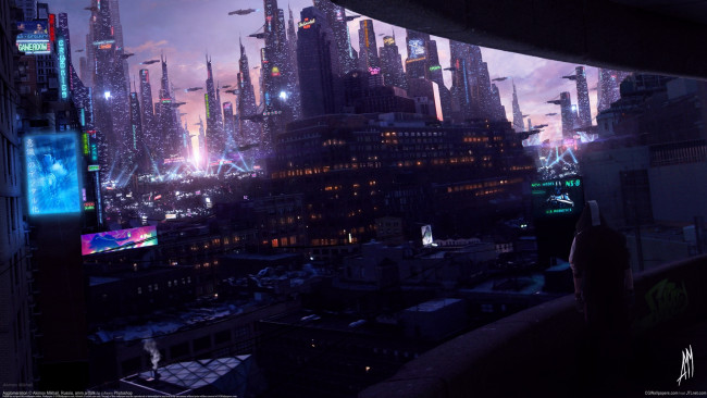 Обои картинки фото akimov mikhail, фэнтези, иные миры,  иные времена, ночь, город, михаил, акимов, akimov, mikhail