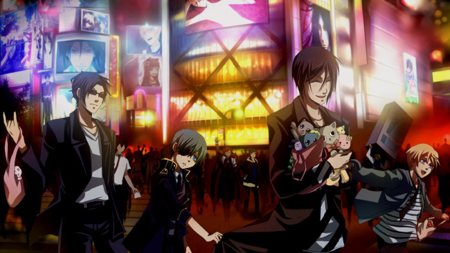 Обои картинки фото аниме, kuroshitsuji, клод, сиэль, улица, мониторы, очки, себастьян, игрушки, улыбки, погулка, парни, арт, тёмный, дворецкий