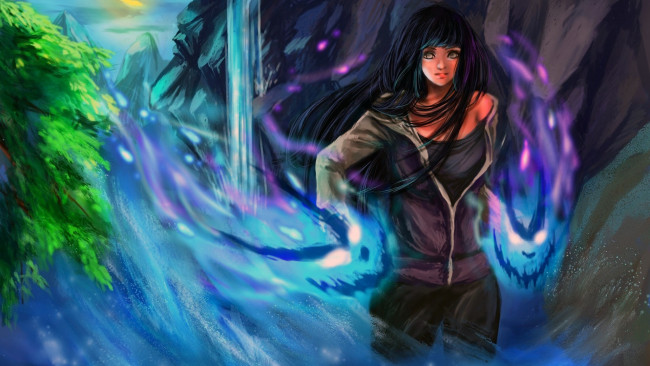 Обои картинки фото аниме, naruto, наруто, хината, вода, ветка, водопад, брюнетка, девушка, хьюга, арт, сияние