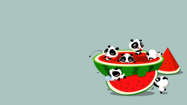Обои картинки фото рисованные, минимализм, панда, арбуз, ситуация
