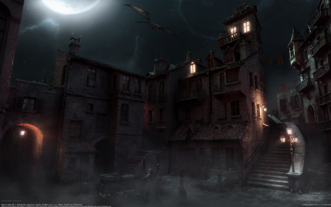 Обои картинки фото aleksandar jovanovic, фэнтези, иные миры,  иные времена, aleksandar, jovanovic, город, здания, дома, дракон, люди, ночь, лестница, фонарь, телега