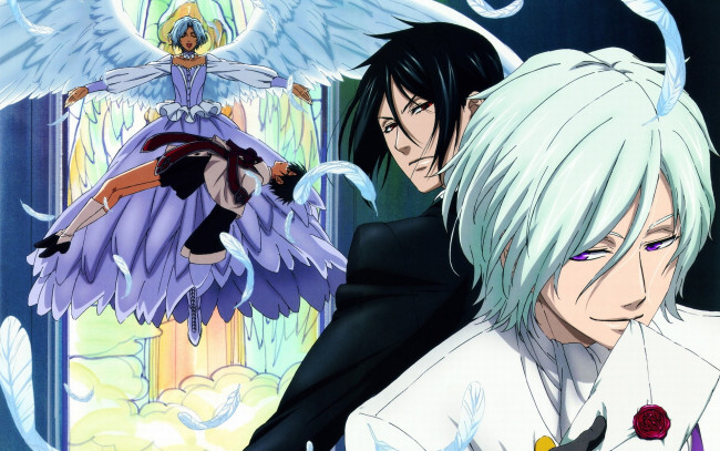 Обои картинки фото аниме, kuroshitsuji, сиэль, михаэлис, ангел, девушка, перья, окно, дворецкий, тёмный, себастьян, фантомхайв, печать, конверт