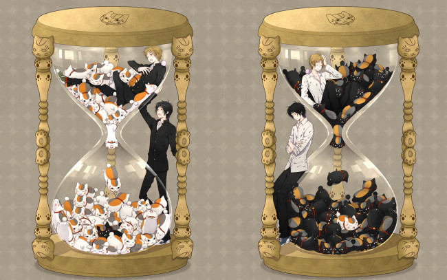 Обои картинки фото аниме, natsume yuujinchou, мальчики, кошки, колбы