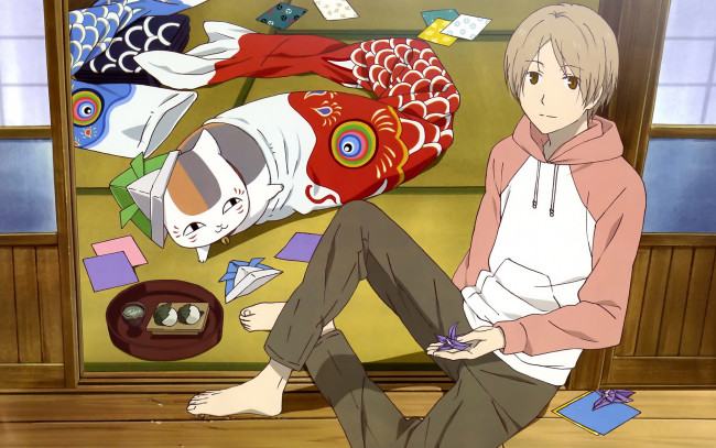 Обои картинки фото аниме, natsume yuujinchou, взгляд, кошка, мальчик