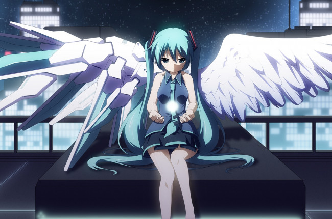 Обои картинки фото vocaloid, аниме, небо, вокалоид, крылья, девушка, форма, школьница, ангел, hatsune, miku, ночь, арт, yuzuki, kei, звезды, город