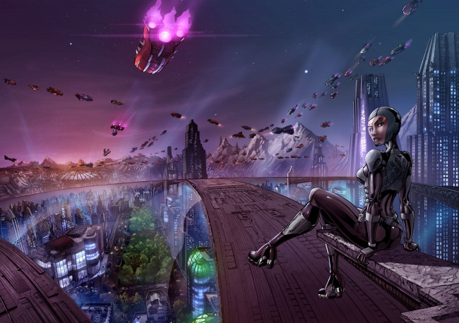 Обои картинки фото фэнтези, девушки, девушка, город, мегаполис, звездолёты, панорама