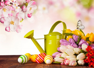 Картинка праздничные пасха яйца тюльпаны бабочка яблоня лейка крашенки