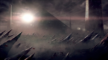 Картинка фэнтези иные+миры +иные+времена буря обелиски пирамида планета чужая мир иной