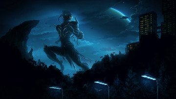 обоя фэнтези, роботы,  киборги,  механизмы, гигант, город, робот, фонарь, облака, дом, планета, ночь, фантастика, гора