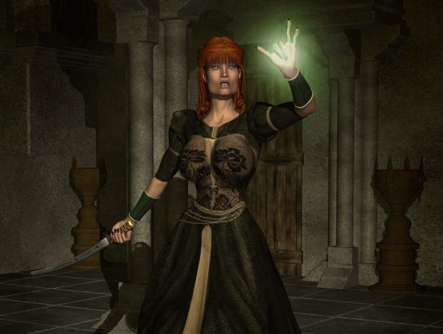 Обои картинки фото 3д графика, фантазия , fantasy, магия, катана, рыжая, фон, взгляд, девушка