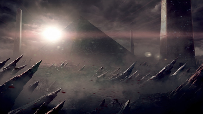 Обои картинки фото фэнтези, иные миры,  иные времена, буря, обелиски, пирамида, планета, чужая, мир, иной