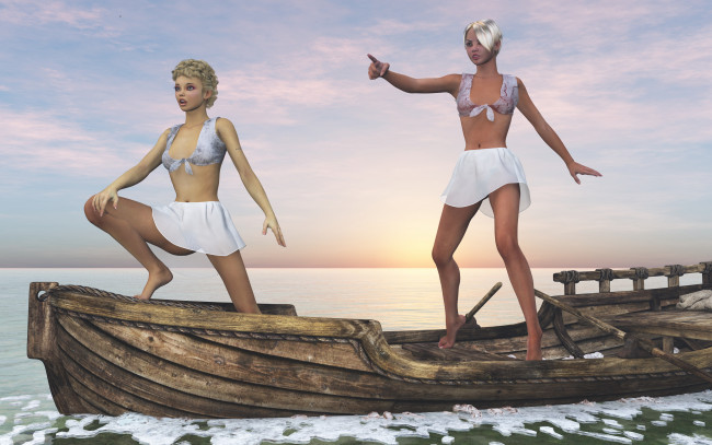 Обои картинки фото 3д графика, люди , people, лодка, фон, взгляд, девушки, лед