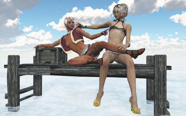 Обои картинки фото 3д графика, люди , people, небо, вода, фон, взгляд, девушки