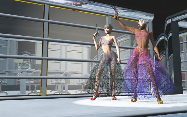 Обои картинки фото 3д графика, люди , people, оружие, фон, взгляд, девушки