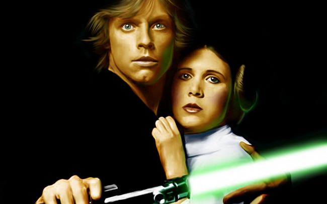 Обои картинки фото фэнтези, _star wars, luke, skywalker, star, wars, lightsaber, jedi, mark, hamill, princess, leia, organa, carrie, fisher, актер