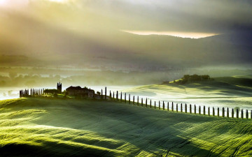 Картинка города -+пейзажи тоскана италия дом деревья поля холмы горы тучи лучи туман