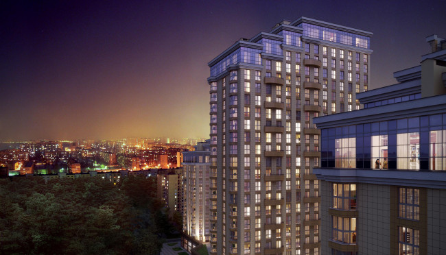 Обои картинки фото города, - здания,  дома, вечер, россия, большой, высота, огни, ночь, люди, жк, край, краснодар, краснодарский, город, небоскрёб, здания, деревья, дома