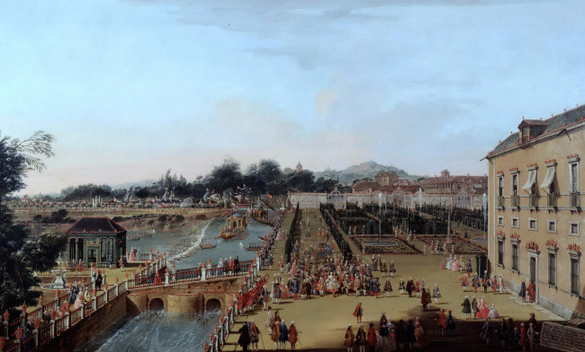 Обои картинки фото рисованное, живопись, francesco, battaglioli, фердинанд, vi, и, барбара, де, браганса, в, садах, аранхуэс, картина, пейзаж, люди, канал, мост