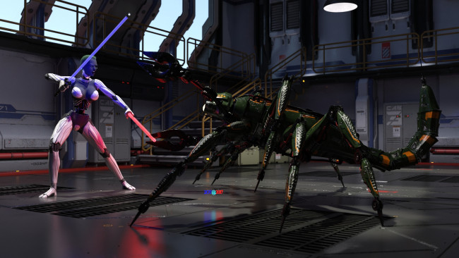 Обои картинки фото 3д графика, фантазия , fantasy, девушка, взгляд, скорпион, оружие, фон