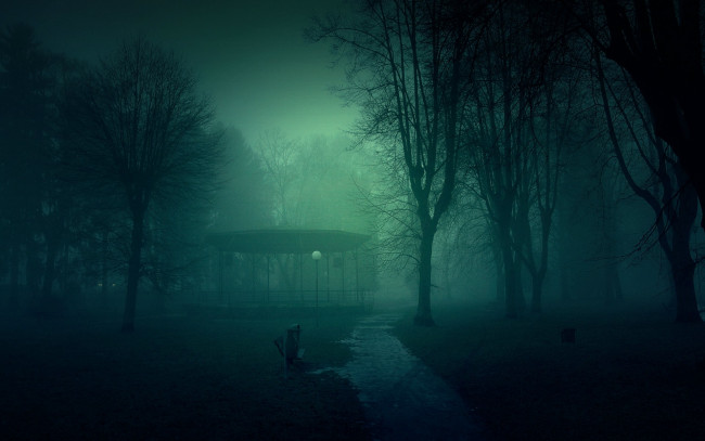 Обои картинки фото природа, парк, туман, осень, деревья, дорожка, беседка