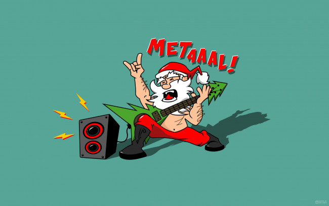 Обои картинки фото рисованное, минимализм, жест, санта, santa, claus, новый, год, музыка, волосы, рок, юмор, струны, метал, звук, design, art, shift, дизайн, борода, гитара, колонка, надпись, metal, дед, мороз, смешно, тень, динамик, елка