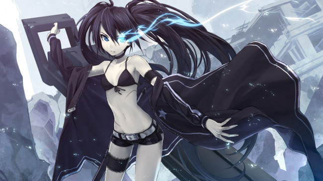 Обои картинки фото аниме, black rock shooter, взгляд, оружие, плащ, девушка
