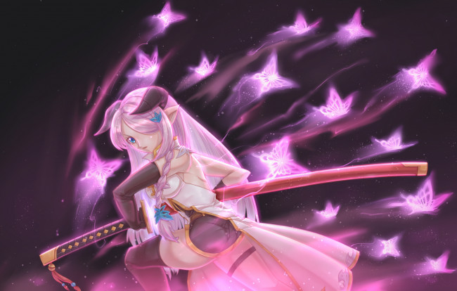 Обои картинки фото аниме, животные,  существа, взгляд, меч, рога, девушка, фон