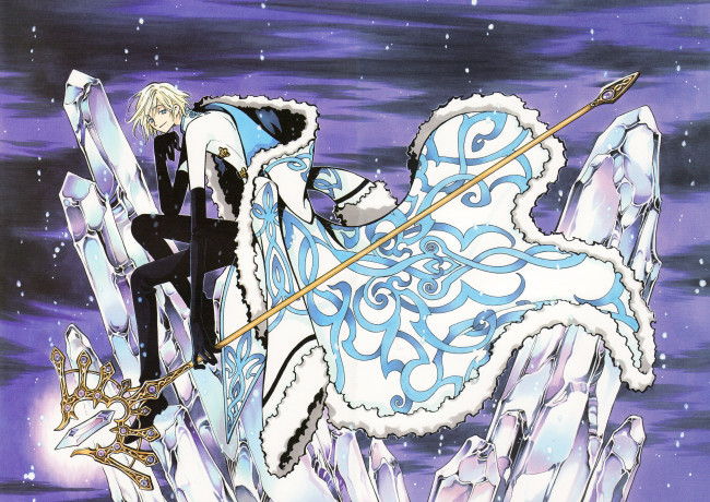 Обои картинки фото аниме, tsubasa reservoir chronicles, кристаллы, посох, плащ, парень