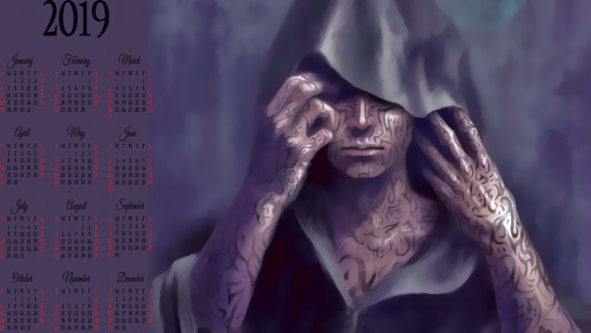 Обои картинки фото календари, фэнтези, тату, капюшон