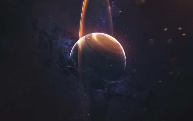 Обои картинки фото космос, арт, молнии, туманность, планета, звезды, кольцо