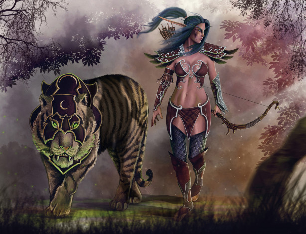Обои картинки фото world of warcraft, видео игры, девушка, фон, тигр, униформа, маска