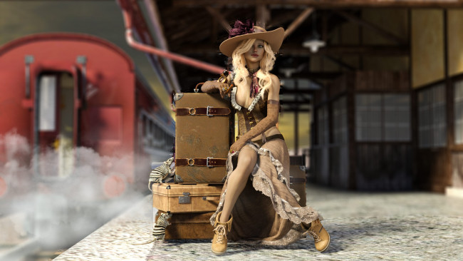 Обои картинки фото 3д графика, люди , people, девушка, фон, взгляд, вокзал, чемодан