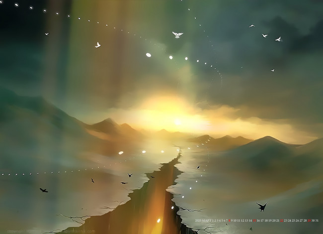 Обои картинки фото календари, фэнтези, расщелина, птица, планета, calendar, 2020