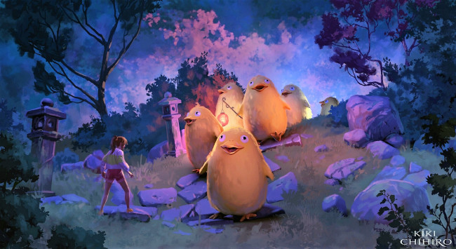 Обои картинки фото фэнтези, существа, девушка, камни, цыплята